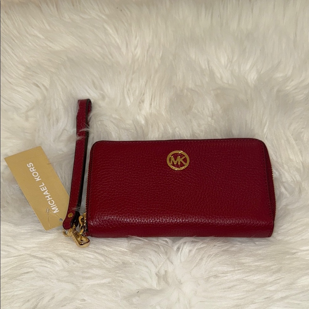 NWT: Michael Kors Red Clutch with Gold Accents